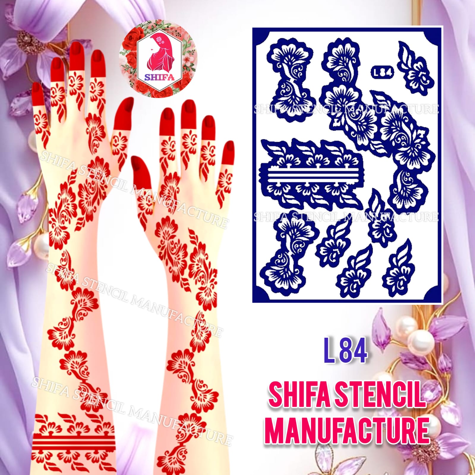L 84 Peony Parade Sticker Overview Henna Stencil - Shifa Stencil